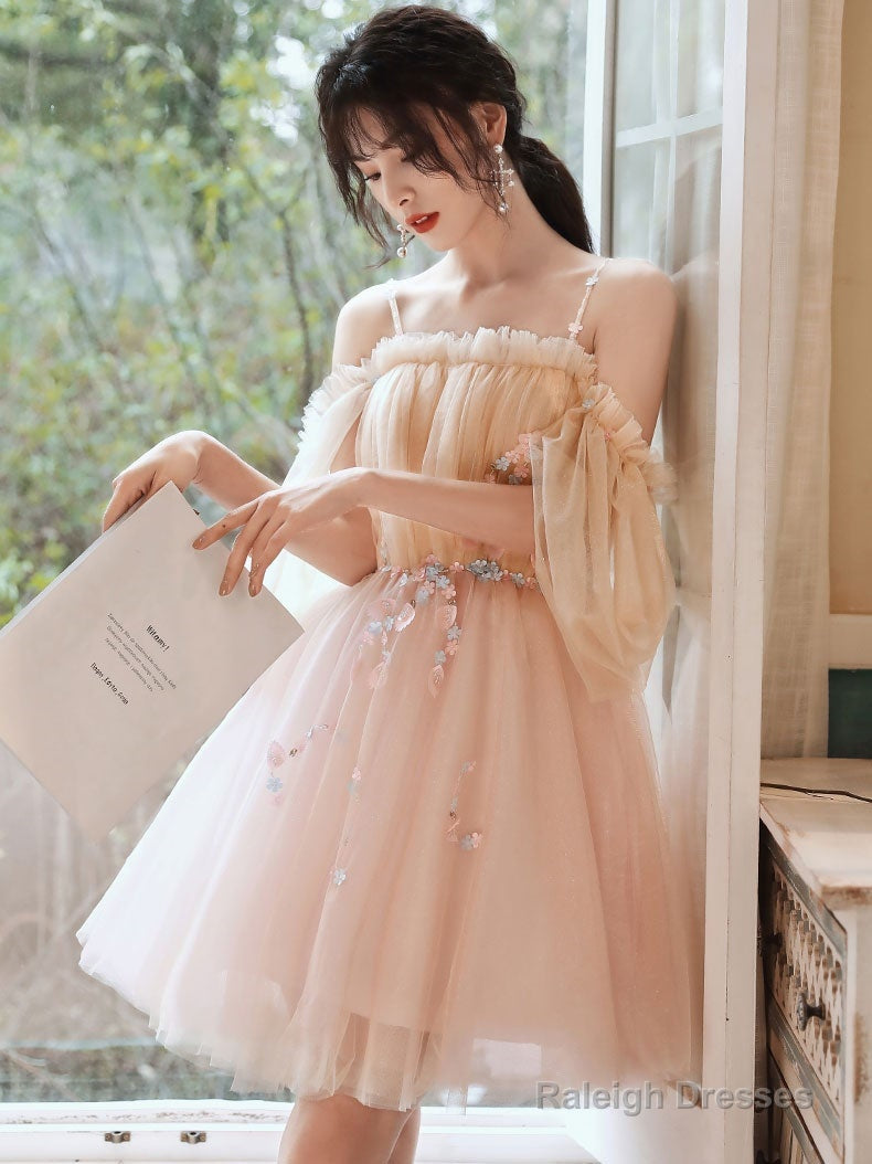 Lovely Light Pink And Champagne Short Prom Dress With Lace Applique. Short Homecoming Dresses Secondary image