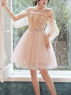Lovely Light Pink And Champagne Short Prom Dresses With Lace Applique. Short Homecoming Dress