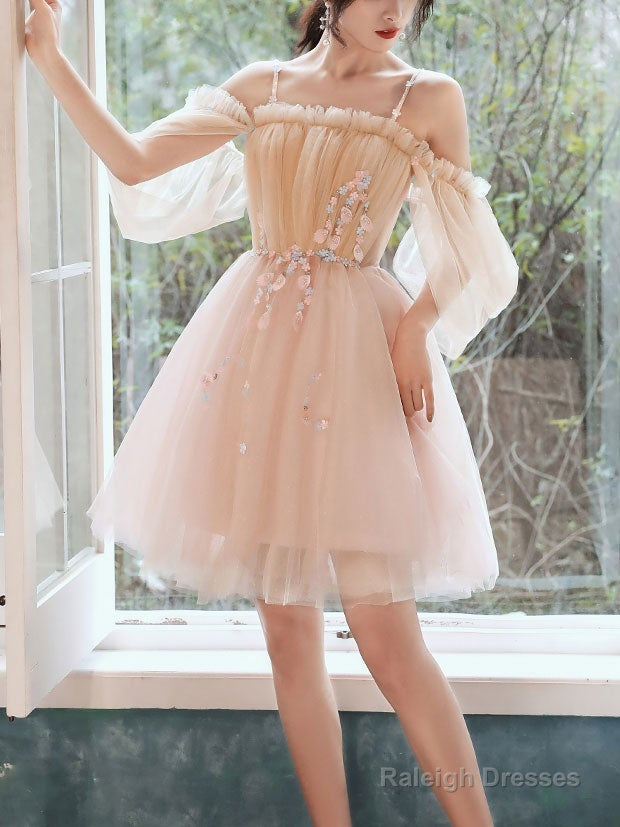 Lovely Light Pink And Champagne Short Prom Dresses With Lace Applique. Short Homecoming Dress