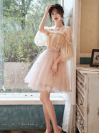 Lovely Light Pink And Champagne Short Prom Dresses With Lace Applique. Short Homecoming Dress