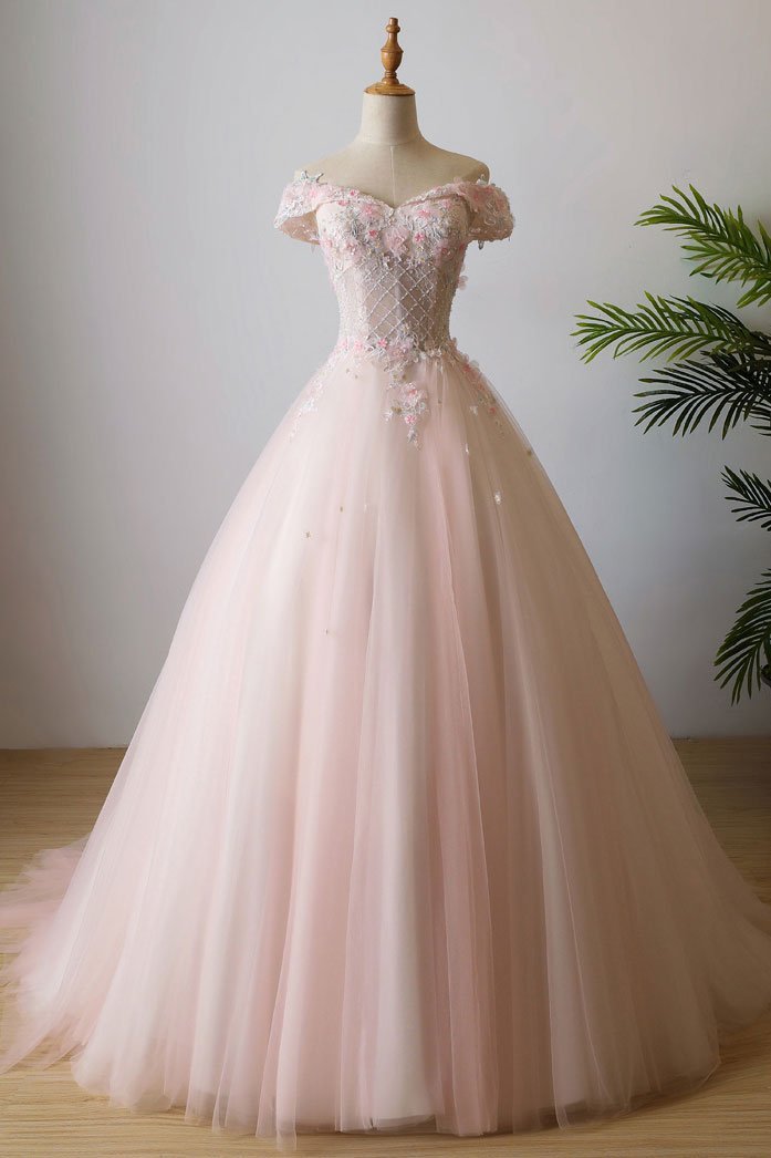 Lovely Light Pink Sweetheart Flowers Tulle Prom Dresses Pink Prom Dresses