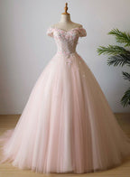 Lovely Light Pink Sweetheart Flowers Tulle Prom Dresses Pink Prom Dresses