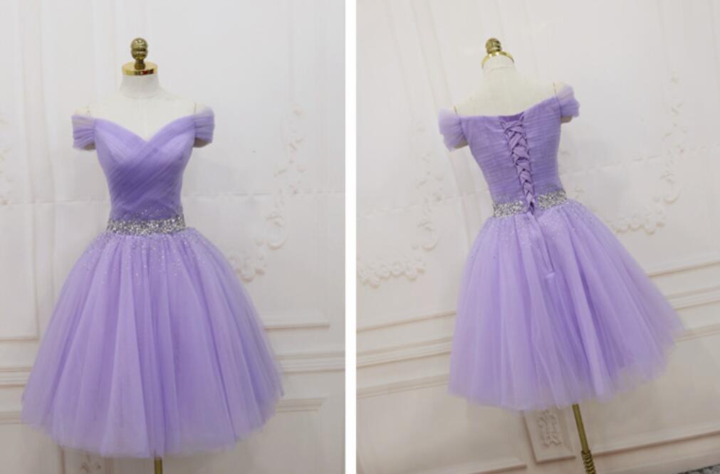 Lovely Light Purple Beaded Short Prom Dresses Off Shoulder Homecoming Dresses Secondary image