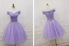 Lovely Light Purple Beaded Short Prom Dresses Off Shoulder Homecoming Dresses