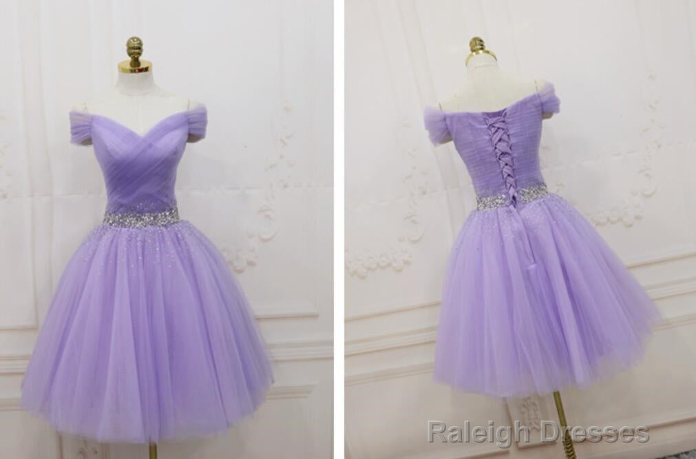 Lovely Light Purple Beaded Short Prom Dresses Off Shoulder Homecoming Dresses