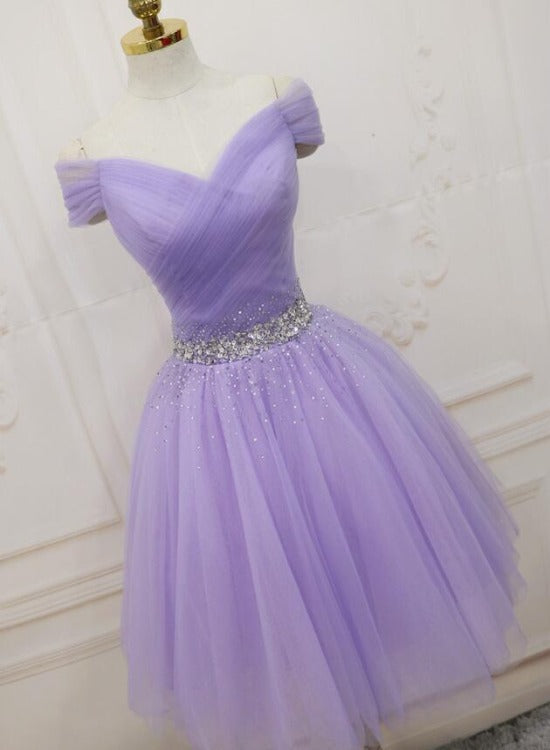 Lovely Light Purple Beaded Short Prom Dresses Off Shoulder Homecoming Dresses Main image