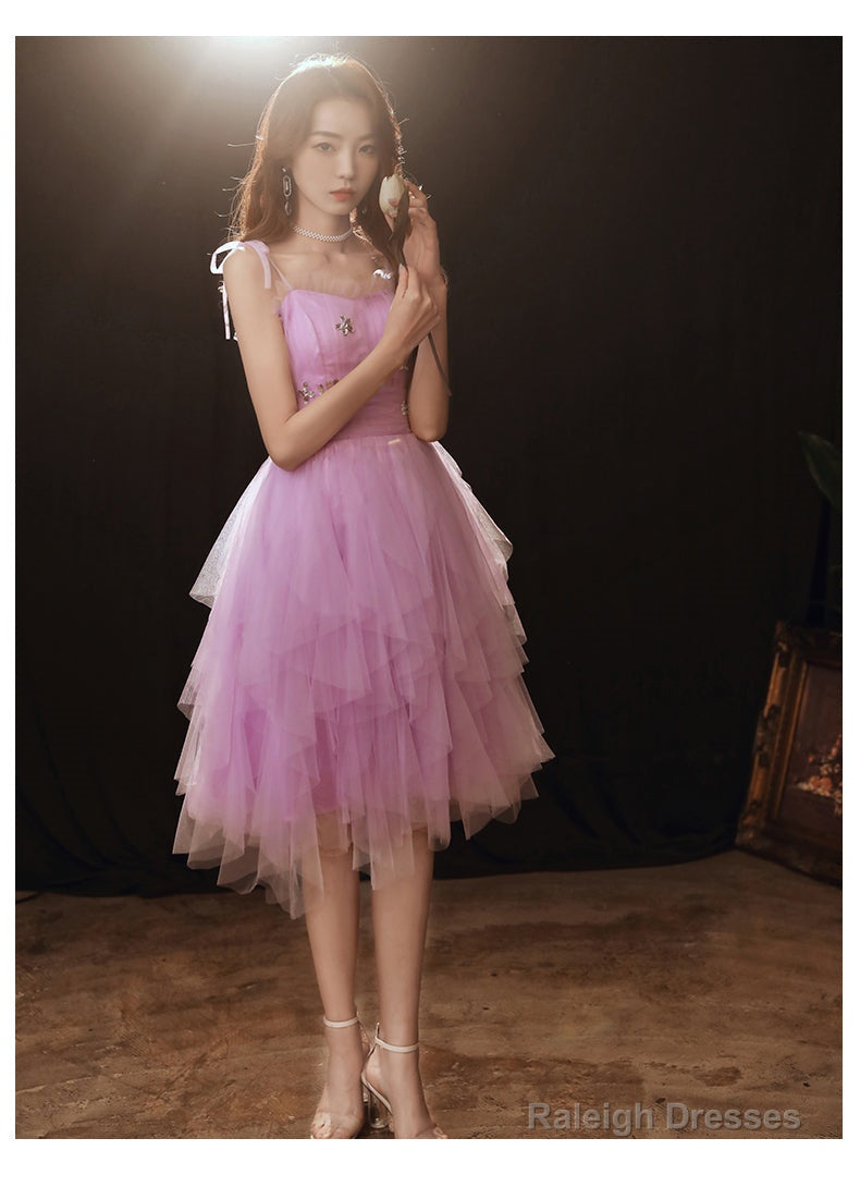 Lovely Light Purple Cute Tulle Straps Short Prom Dress, Purple Homecoming Dress Main image