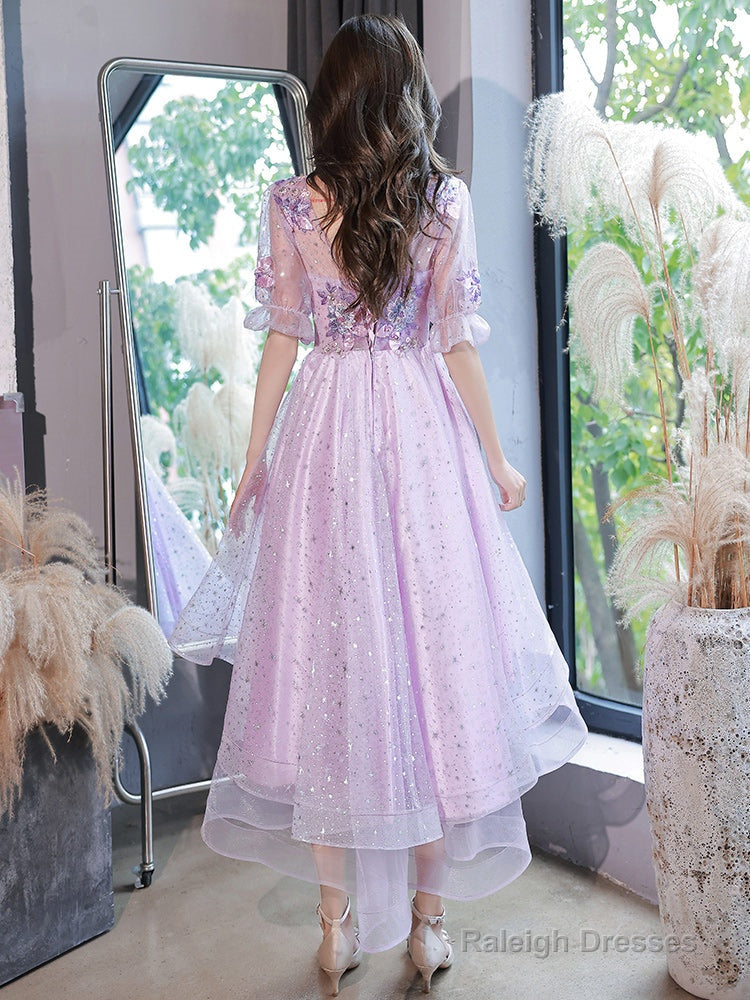 Lovely Light Purple High Low Tulle With Lace Party Dress, Short Sleeves Homecoming Dresses