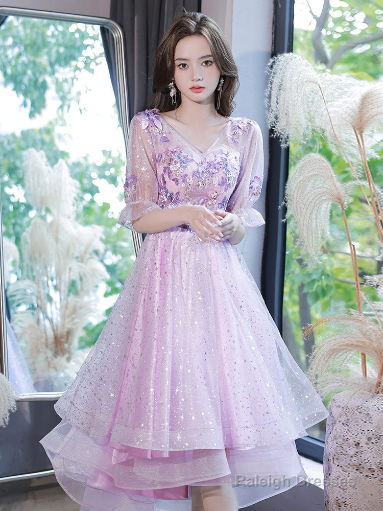 Lovely Light Purple High Low Tulle With Lace Prom Dresses Short Sleeves Homecoming Dress