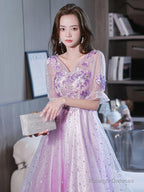 Lovely Light Purple High Low Tulle With Lace Prom Dresses Short Sleeves Homecoming Dress