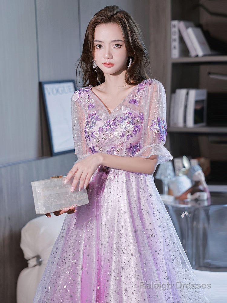 Lovely Light Purple High Low Tulle With Lace Prom Dresses Short Sleeves Homecoming Dress