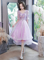 Lovely Light Purple High Low Tulle With Lace Prom Dresses Short Sleeves Homecoming Dress