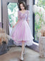 Lovely Light Purple High Low Tulle With Lace Prom Dresses Short Sleeves Homecoming Dress