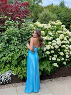 Lovely Long Blue Straps Sweetheart Prom Dresses Prom Dresses Blue Satin Prom Dresses