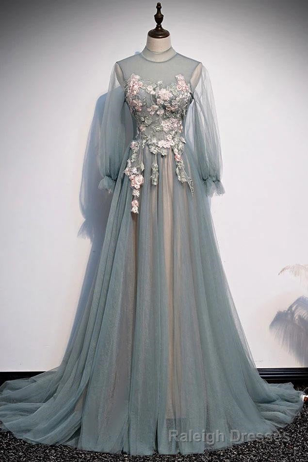Lovely Long Sleeves Tulle Prom Dress with Flowers, Unique Long Prom Dress with Lace Applique Main image