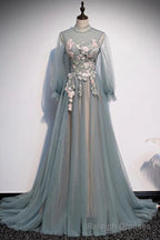 Lovely Long Sleeves Tulle Prom Dress with Flowers, Unique Long Prom Dress with Lace Applique