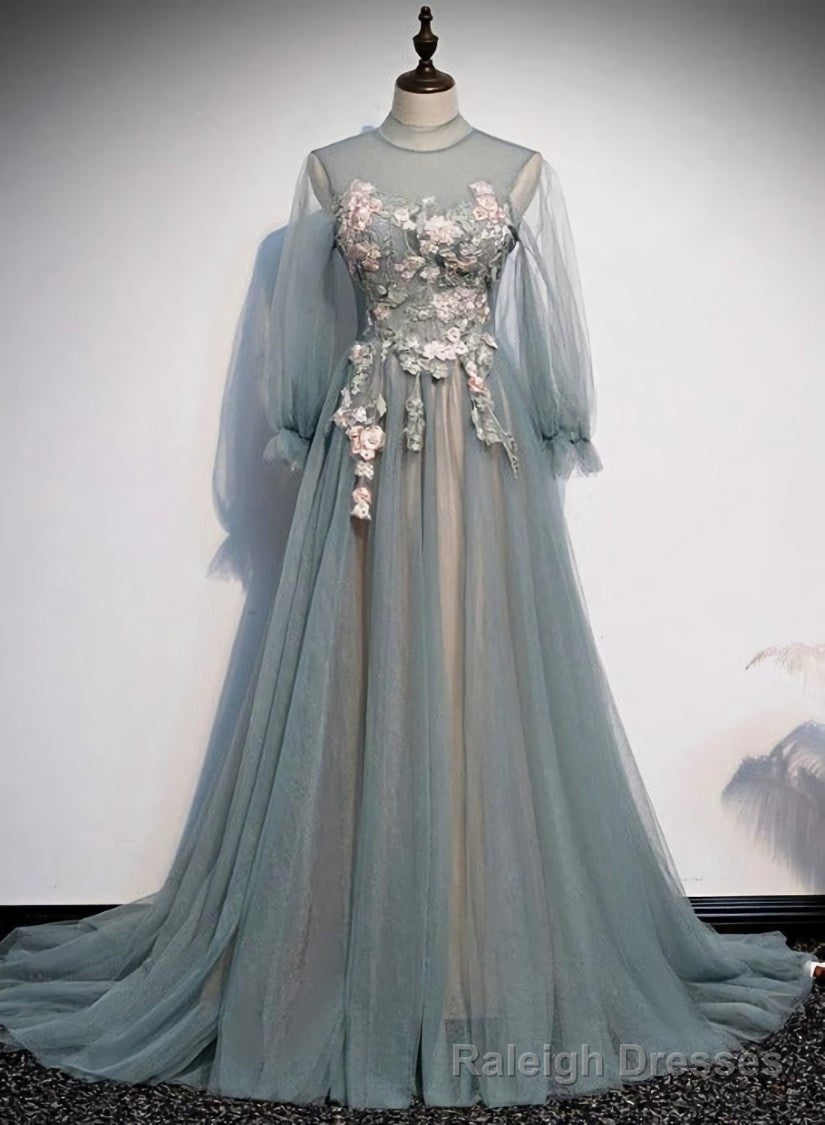 Lovely Long Sleeves Tulle Prom Dress with Flowers, Unique Long Prom Dress with Lace Applique