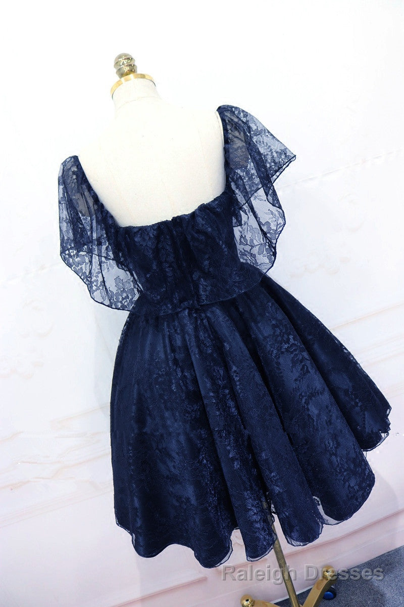 Lovely Navy Blue Lace Short Off Shoulder Prom Dress, Navy Blue Lace Homecoming Dresses Secondary image