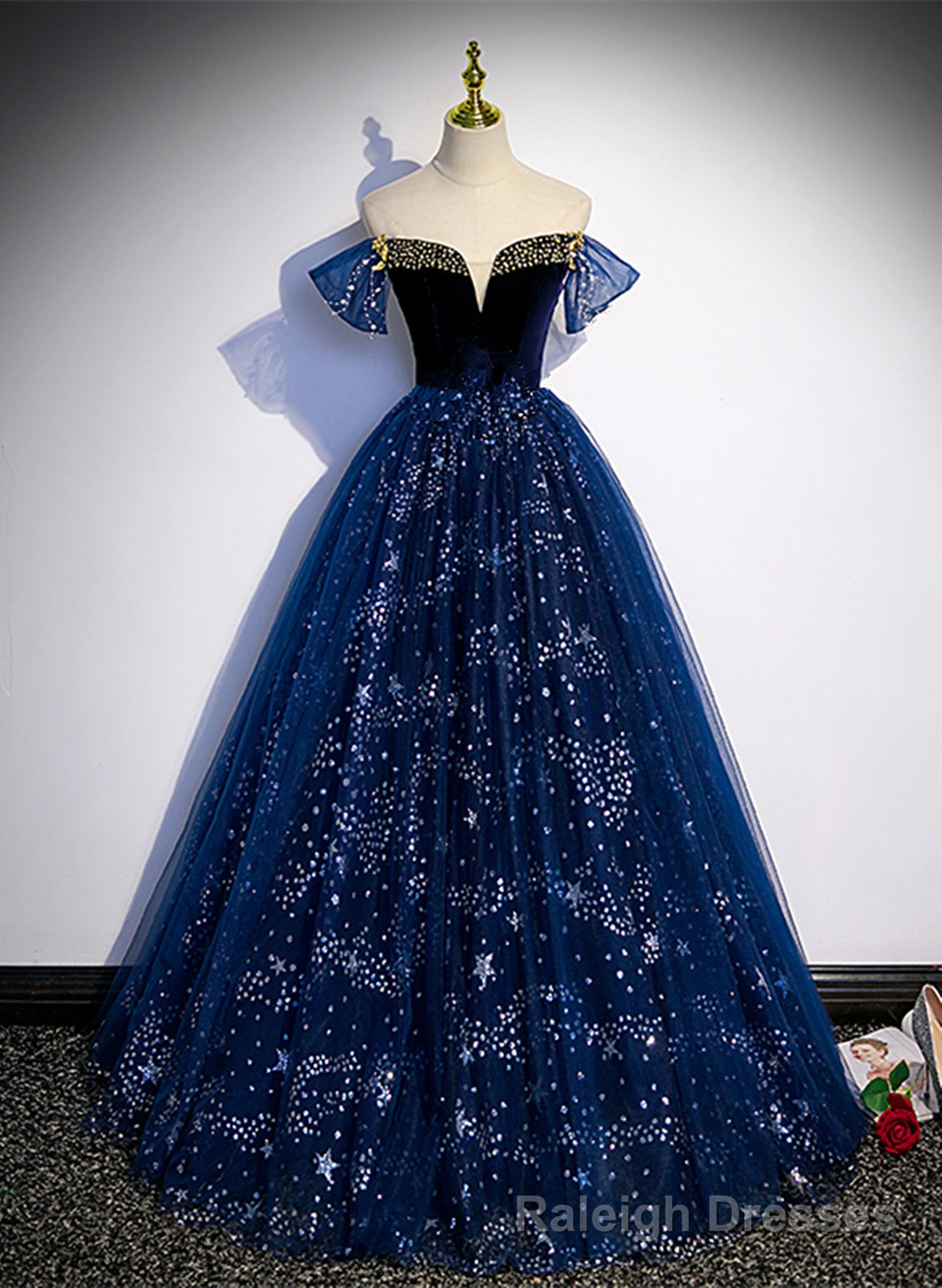 Lovely Navy Blue Tulle Off Shoulder Beaded Long Party Dress, Navy Blue Tulle Prom Dress