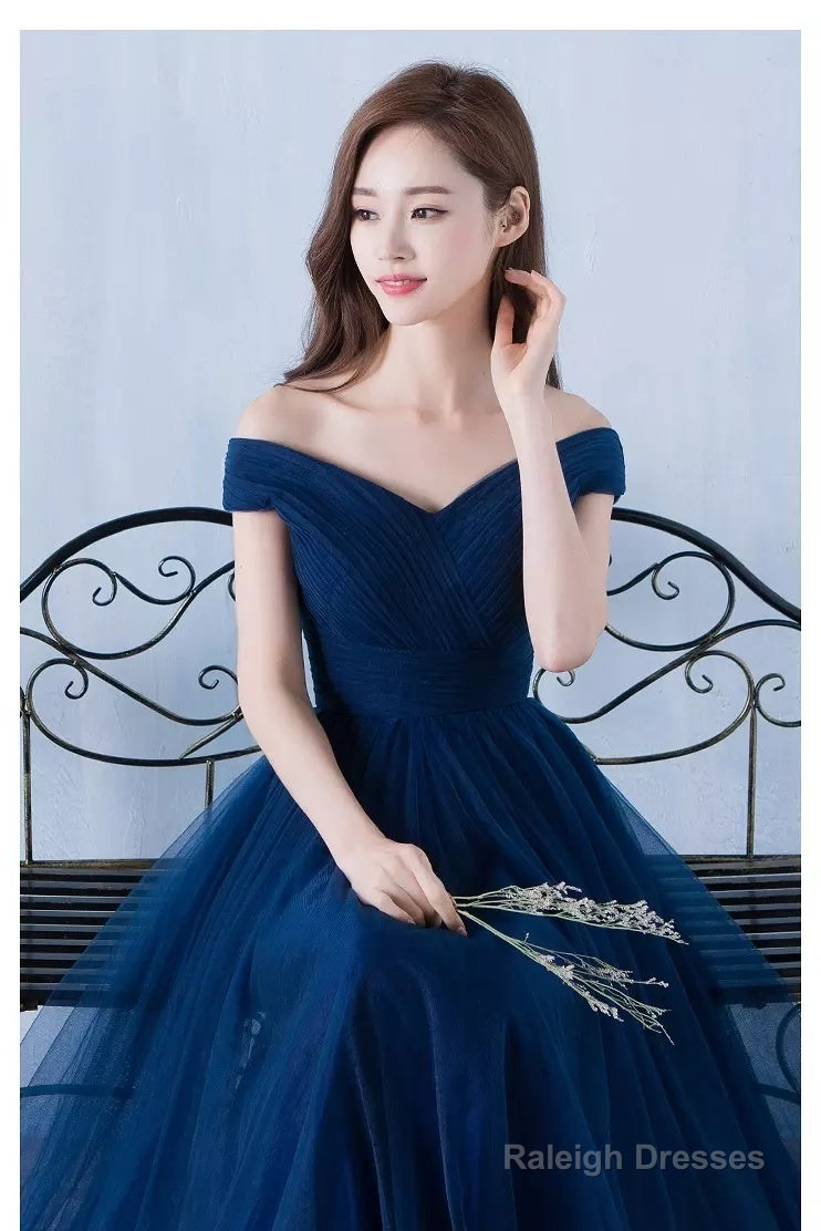 Lovely Navy Blue Tulle Off Shoulder Prom Dresses Long Tulle Bridesmaid Dress