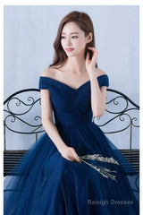 Lovely Navy Blue Tulle Off Shoulder Long Prom Dress , Tulle Bridesmaid Dresses