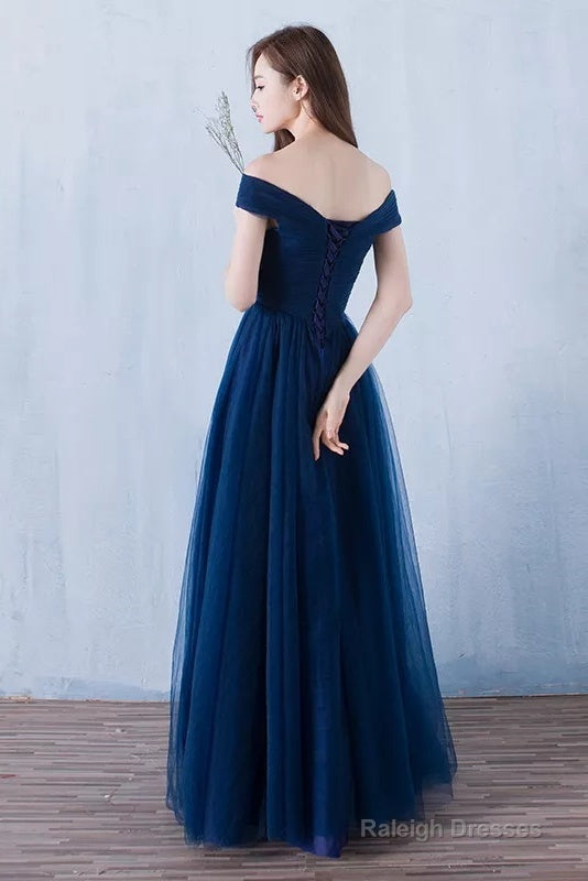 Lovely Navy Blue Tulle Off Shoulder Prom Dresses Long Tulle Bridesmaid Dress