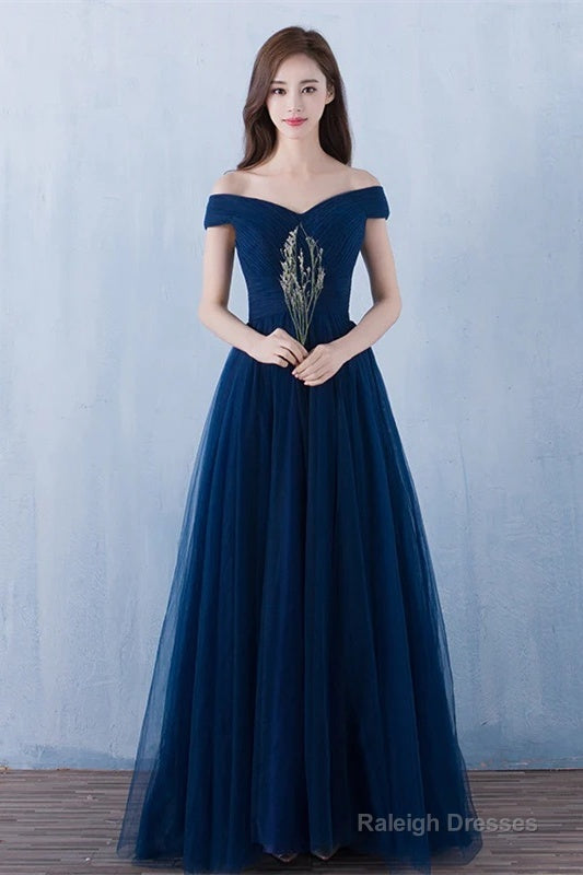Lovely Navy Blue Tulle Off Shoulder Prom Dresses Long Tulle Bridesmaid Dress