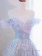 Lovely Off Shoulder A-Line Tulle And Sequins Prom Dress, Sweetheart Long Evening Dress
