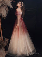 Lovely Off Shoulder Gradient Long Formal Dress, Shiny Tulle Red Party Dress