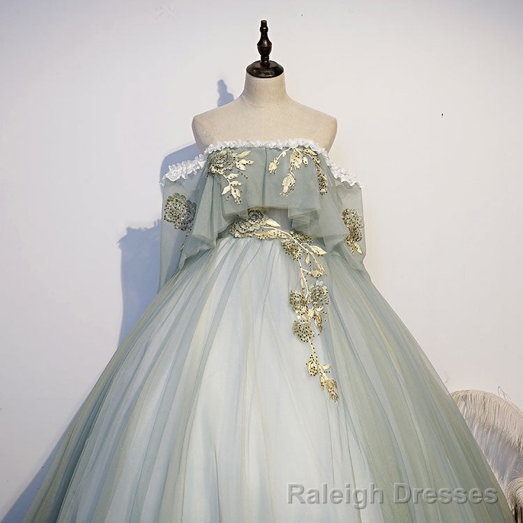 Lovely Off Shoulder Light Green Ball Gown Sweet 16 Dress, Charming Lace Long Formal Dress