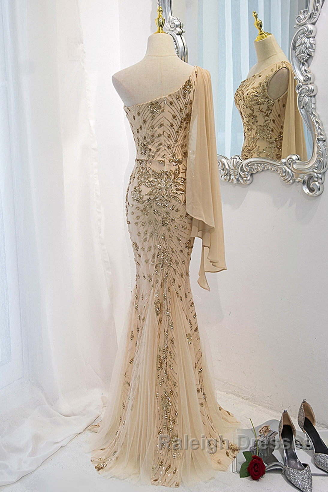 Lovely One Shoulder Champagne Sequins Mermaid Prom Dress, Champagne Evening Dress Secondary image