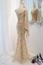 Lovely One Shoulder Champagne Sequins Mermaid Prom Dresses Champagne Prom Dresses