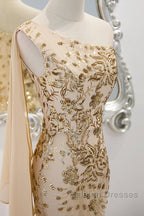 Lovely One Shoulder Champagne Sequins Mermaid Prom Dress, Champagne Evening Dress