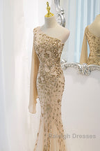 Lovely One Shoulder Champagne Sequins Mermaid Prom Dress, Champagne Evening Dress