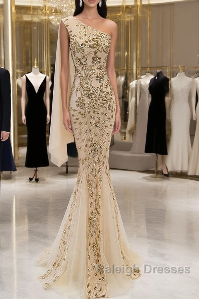 Lovely One Shoulder Champagne Sequins Mermaid Prom Dresses Champagne Prom Dresses Main image