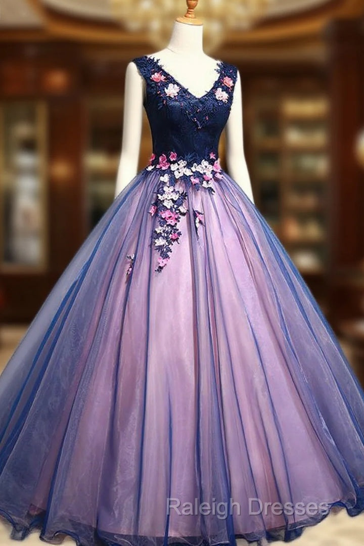 Lovely Organza Pink And Blue Flowers Sweet 16 Gown Long Prom Gown