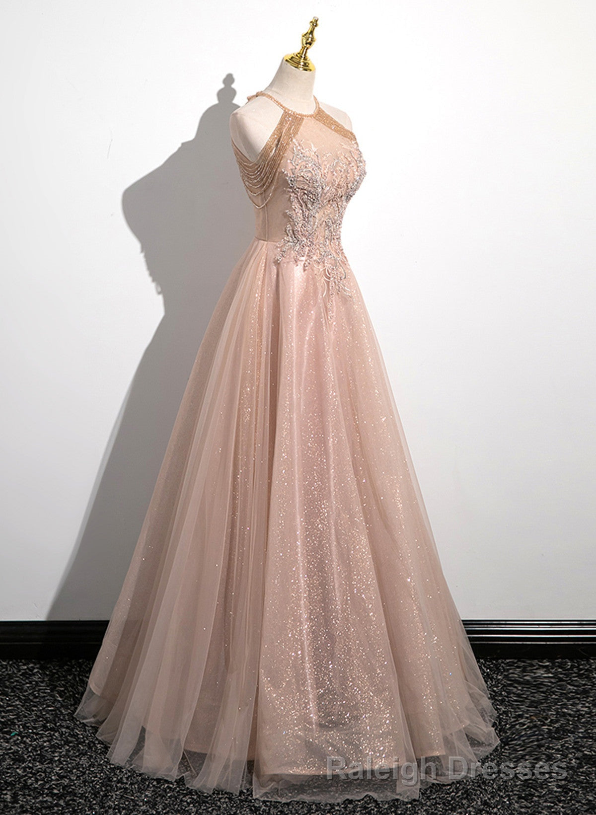 Lovely Pearl Pink Halter Tulle with Lace Applique Prom Dress, A Line Tulle Long Prom Dress