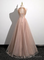 Lovely Pearl Pink Halter Tulle with Lace Applique Prom Dress, A Line Tulle Long Prom Dress