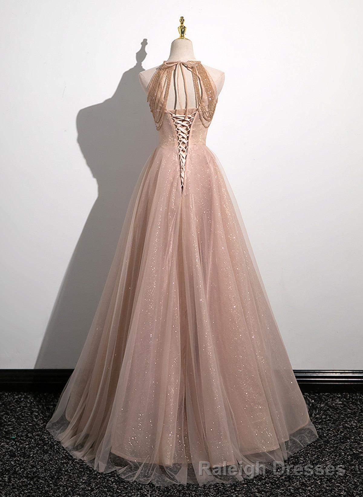 Lovely Pearl Pink Halter Tulle with Lace Applique Prom Dress, A Line Tulle Long Prom Dress