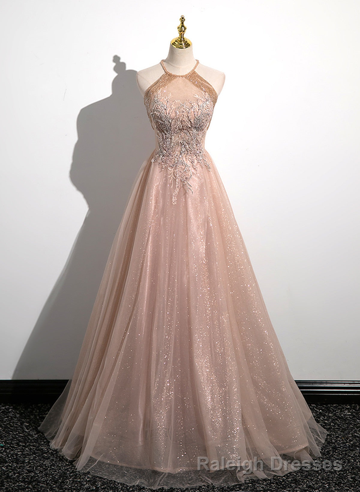 Lovely Pearl Pink Halter Tulle with Lace Applique Party Dress, A-line Tulle Long Prom Dress Secondary image