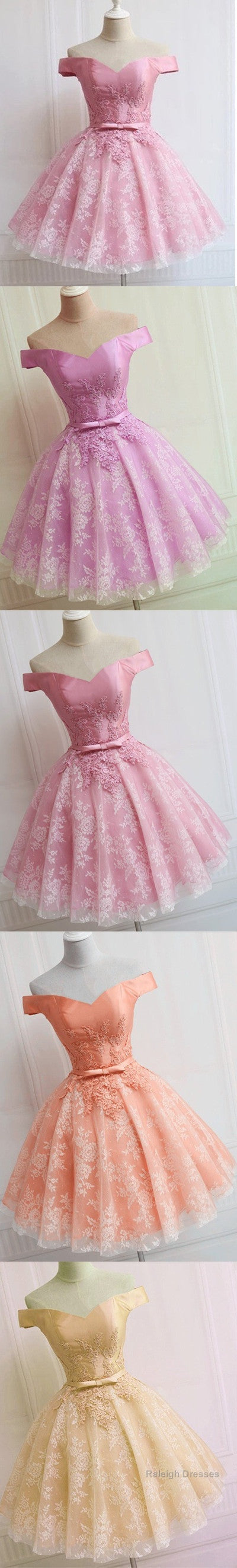 Lovely Pink  A-Line Off-Shoulder Sweetheart Lace Appliques Bow Sash Knee Length Homecoming Dress Secondary image
