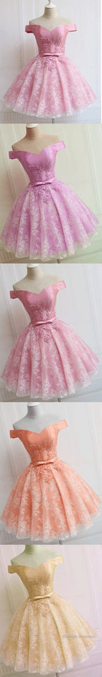 Lovely Pink A-Line Off-Shoulder Sweetheart Lace Appliques Bow Sash Knee Length Homecoming Dresses