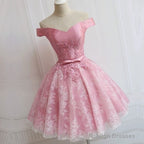 Lovely Pink  A-Line Off-Shoulder Sweetheart Lace Appliques Bow Sash Knee Length Homecoming Dress