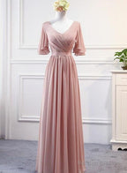 Lovely Pink Chiffon Long Prom Dresses Pink A-Line Bridesmaid Dresses