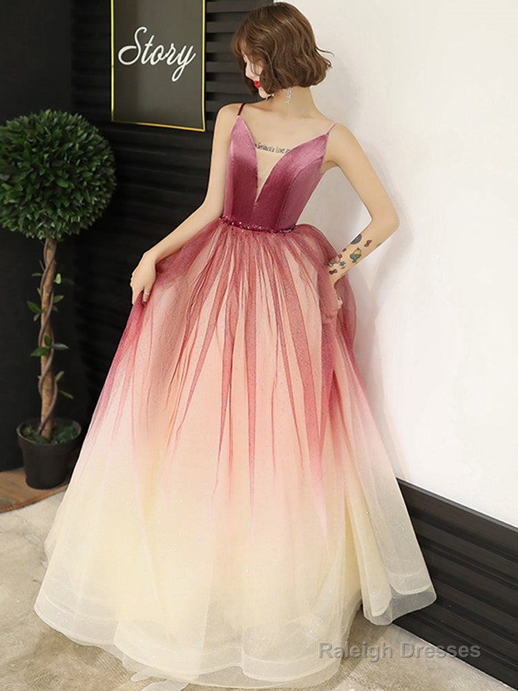 Lovely Pink Gradient Velvet Top Long Evening Dress, A-Line Pink Tulle Prom Dress Party Dress Secondary image