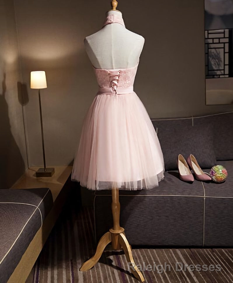 Lovely Pink Halter Tulle Flowers Short Prom Dress Homecoming Dress, Pink Graduation Dresses Prom Dresses Secondary image