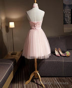 Lovely Pink Halter Tulle Flowers Short Prom Dress Homecoming Dress, Pink Graduation Dresses Prom Dresses