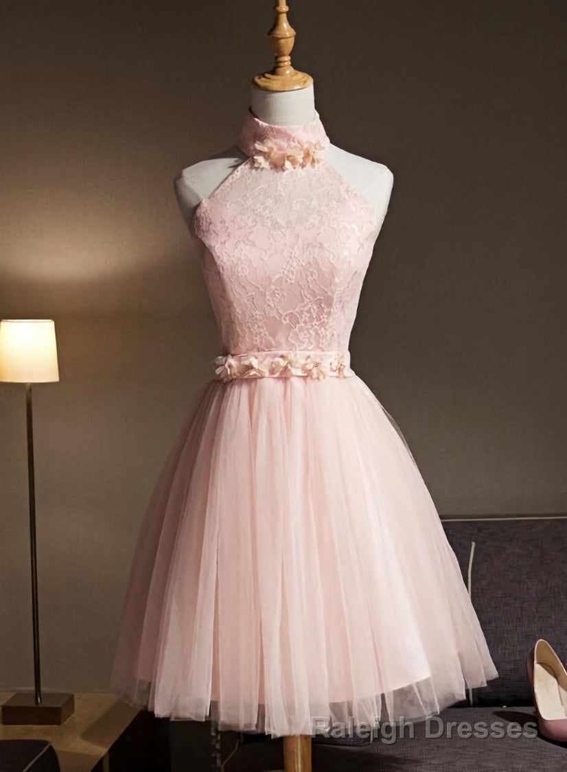 Lovely Pink Halter Tulle Flowers Short Prom Dress Homecoming Dress, Pink Graduation Dresses Party Dresses Main image