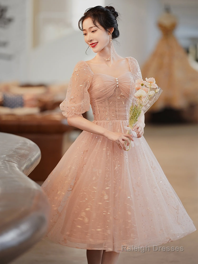 Lovely Pink Lace Short Sleeves Sweetheart Vintage Style Prom Dresses Pink Homecoming Dress Secondary image