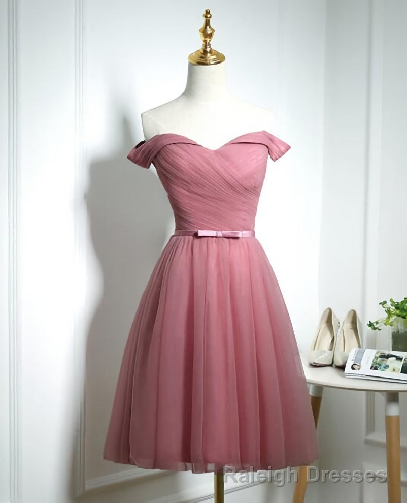 Lovely Pink Off Shoulder Knee Length Prom Dress, Pink Prom Dress Main image